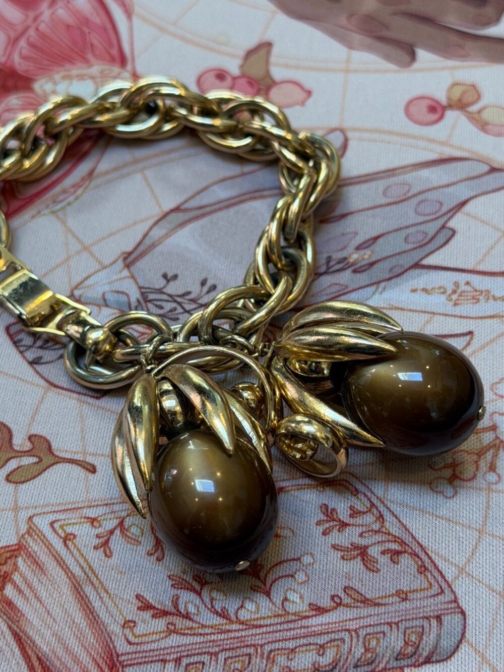 Vintage 1950s Signed Napier Brown Moonglow Cumquat Charm Bracelet